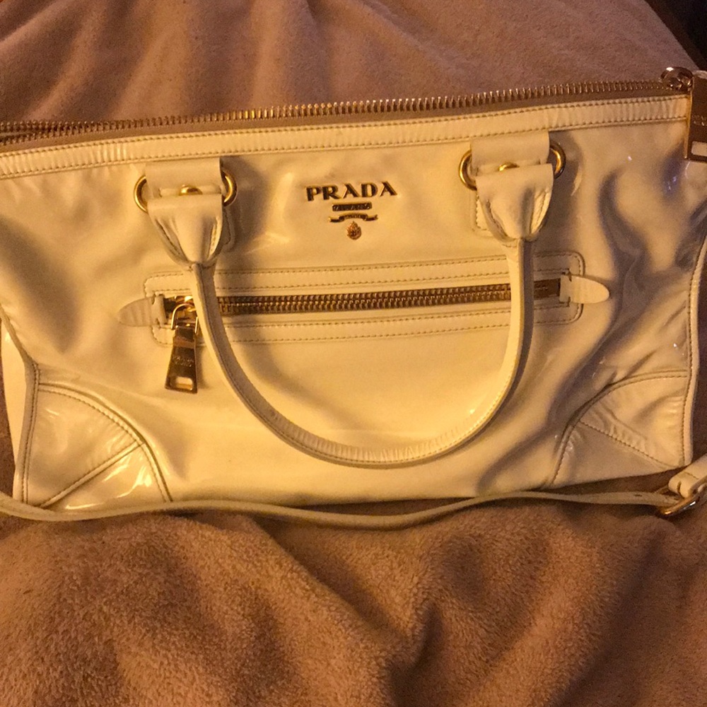 Large Prada handbag white patent leather